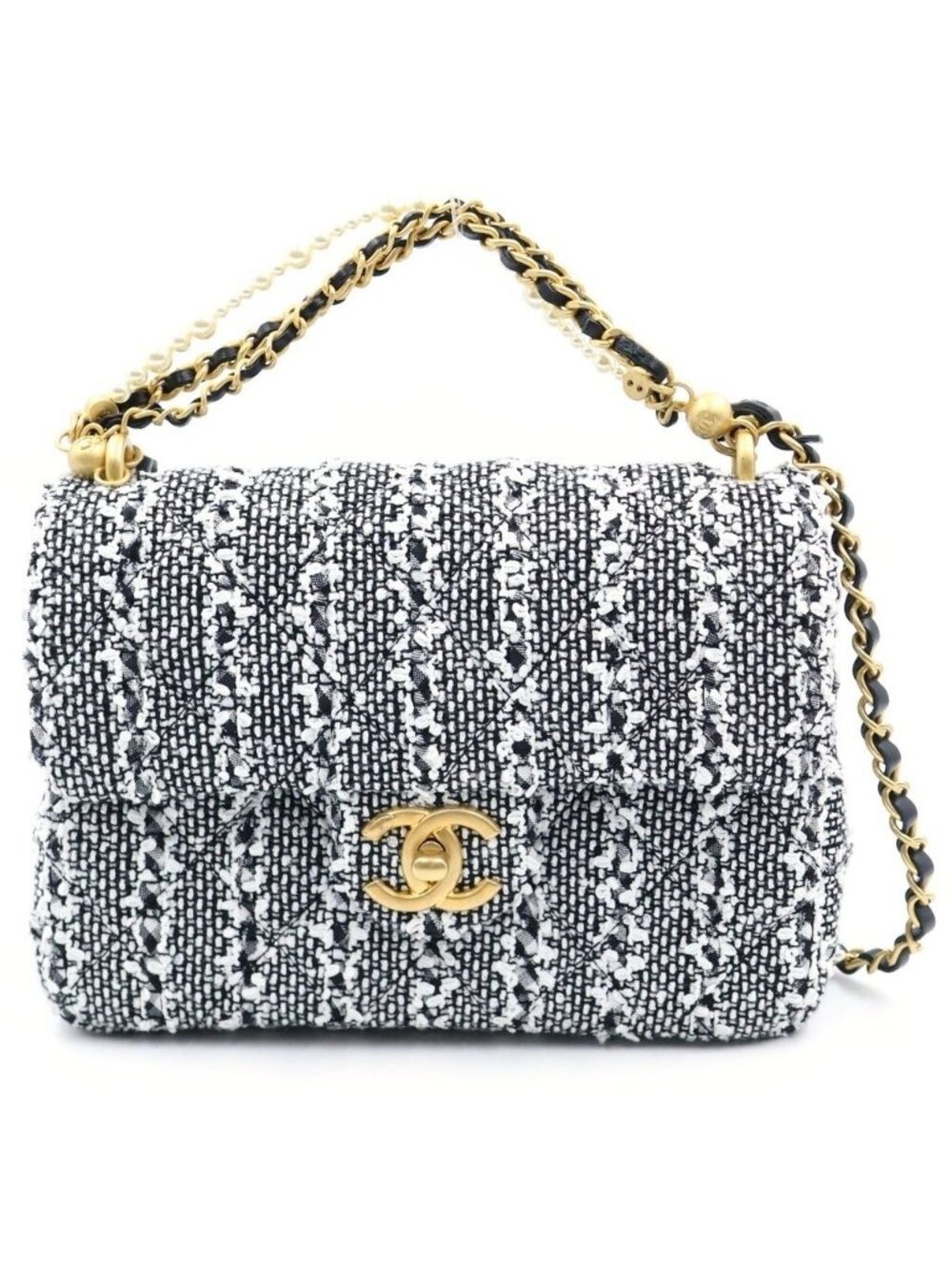 Chanel Quilted Tweed Chain Mini Shoulder Bag Pearl Handle Black White Gold